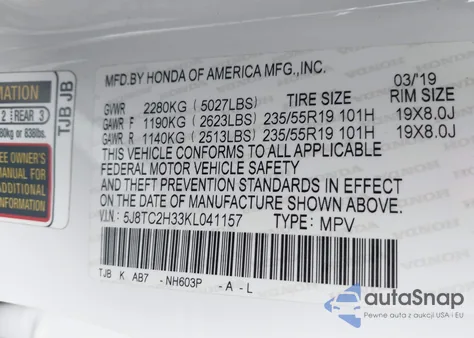2019 Acura Rdx Standard from USA, damaged, VIN 5J8TC2H33KL041157
